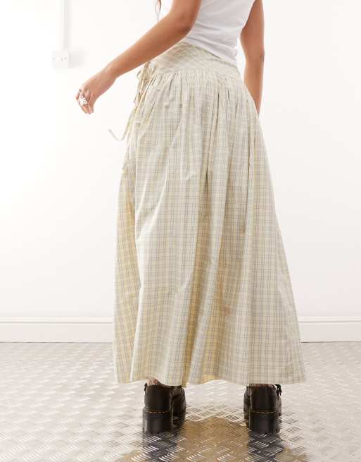 COLLUSION drop waist print maxi skirt in yellow check
