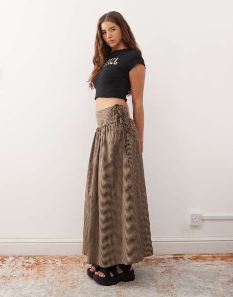 COLLUSION drop waist printed maxi skirt in beige and black gingham