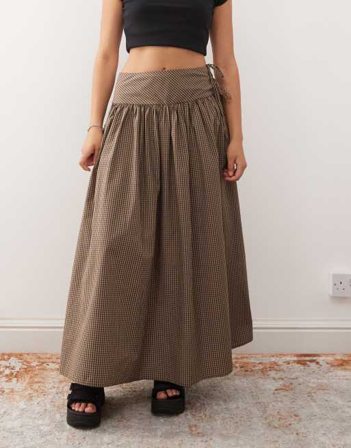COLLUSION drop waist printed maxi skirt in beige and black gingham