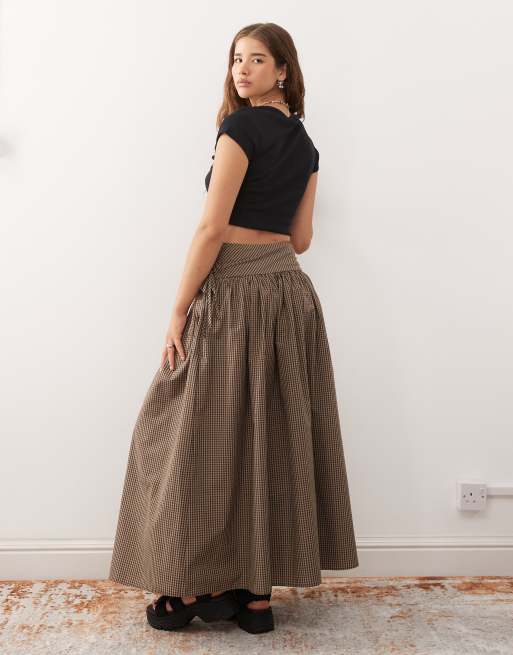 COLLUSION drop waist printed maxi skirt in beige and black gingham