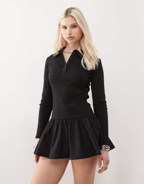 COLLUSION drop waist ribbed polo mini dress in black - view 1