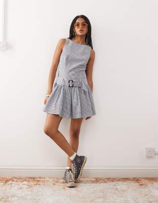 COLLUSION drop waist textured mini dress with belt in blue - view 1