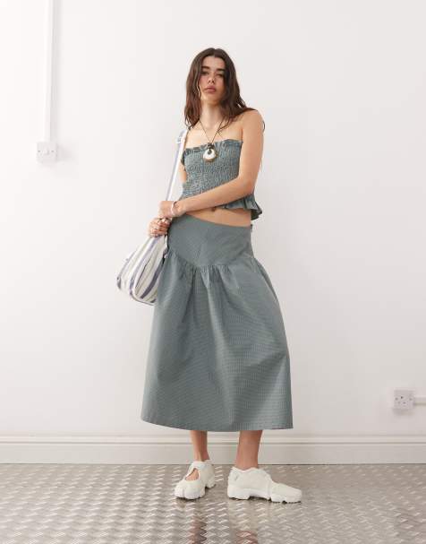 COLLUSION dropped waist midi skirt in green plaid - part of a set - view 1