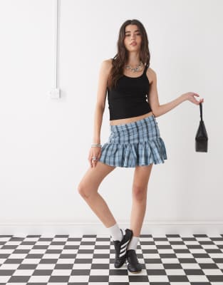 dropped waist plaid mini skirt in blue-Multi