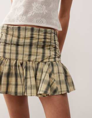 dropped waist plaid mini skirt in buttermilk-Yellow