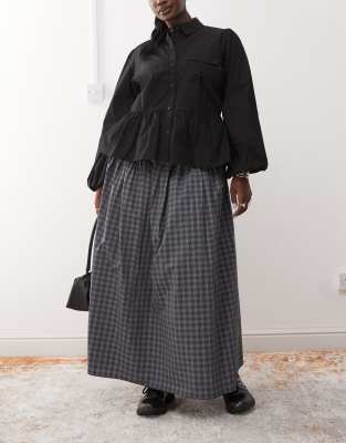 dropped waist print maxi skirt in gray plaid-Multi