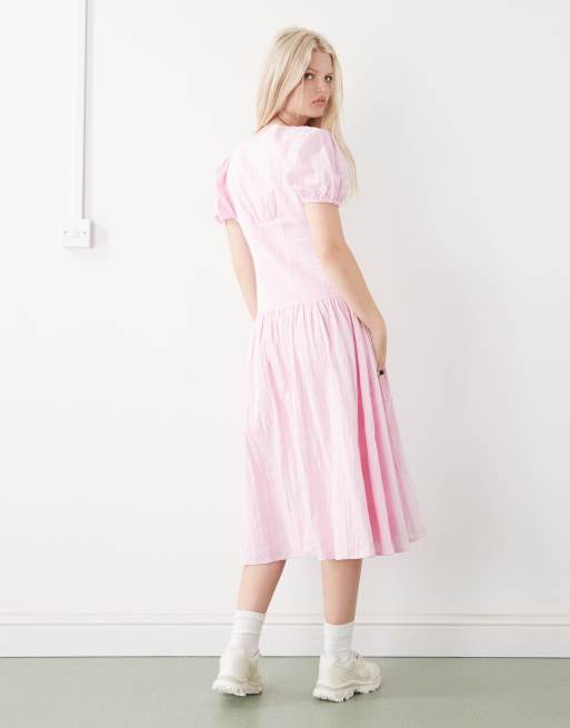COLLUSION dropped waist puff sleeve midi dress in pink