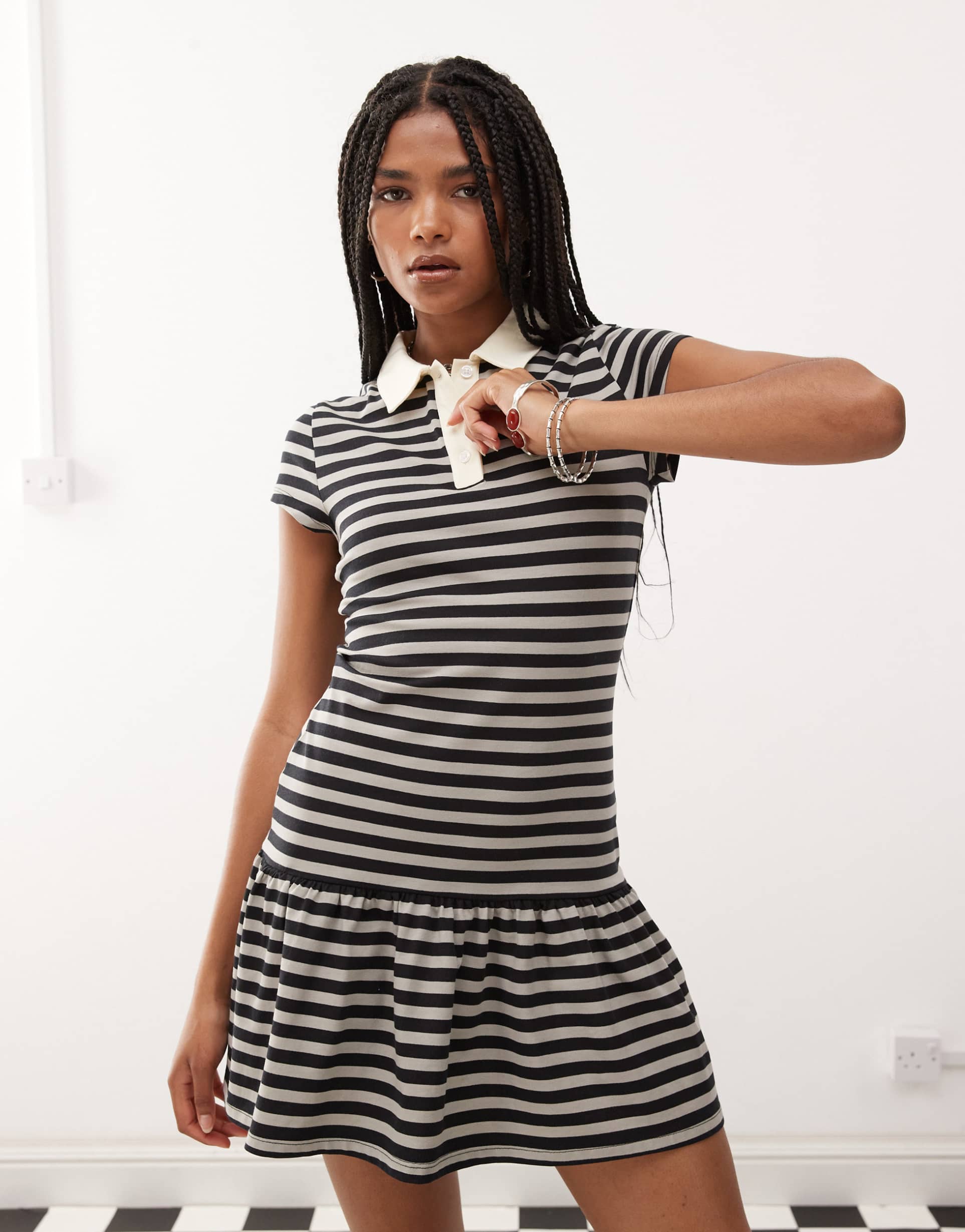 collusion dropped waist rugby dress in brown stripe