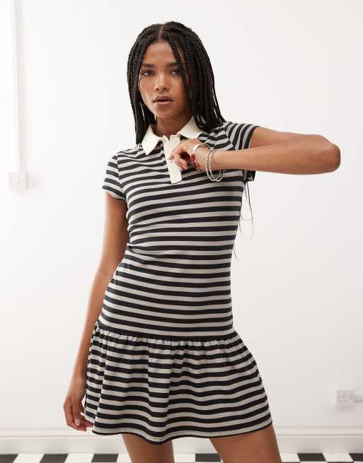 COLLUSION dropped waist rugby dress in brown stripe