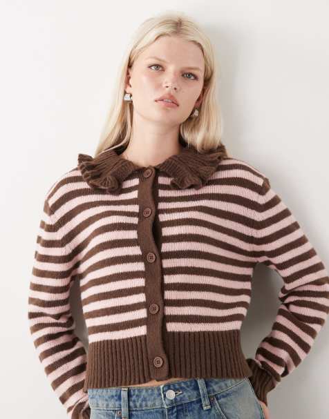 COLLUSION stripe knitted cardi with frill collar in pink and brown stripe