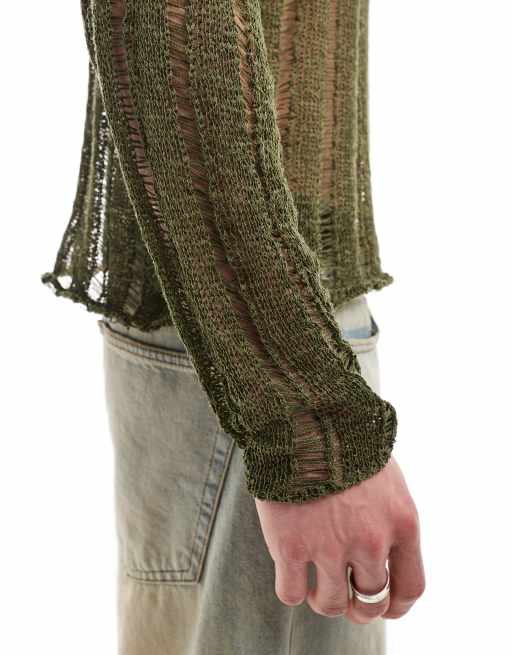 COLLUSION – Dzianinowy sweter w kolorze khaki z efektem znoszenia, 2 z 4