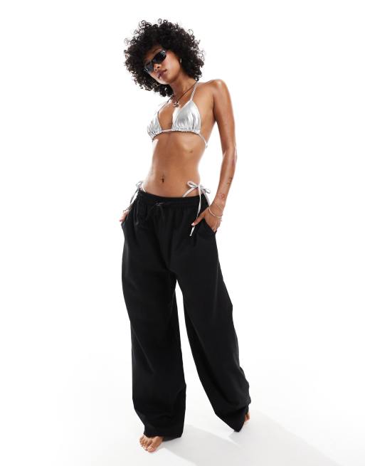  COLLUSION elastic waist linen beach trouser in black