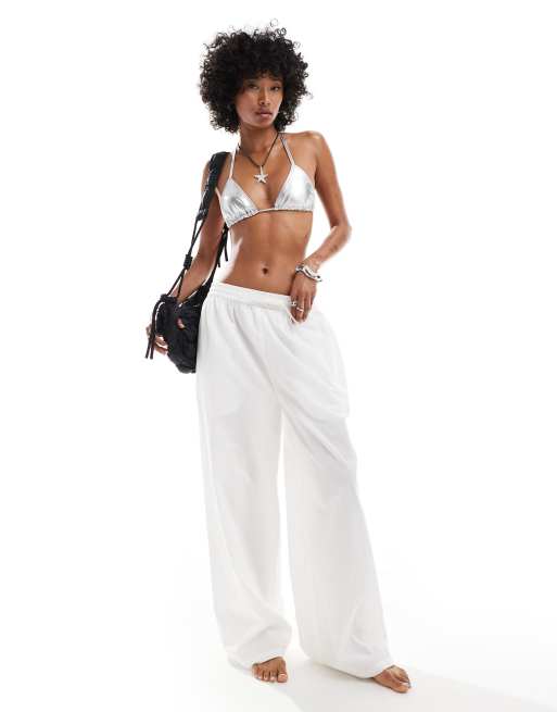  COLLUSION elastic waist linen beach trouser in white