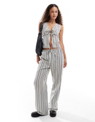 Collusion elastic waist linen look pants in stripe part of a set