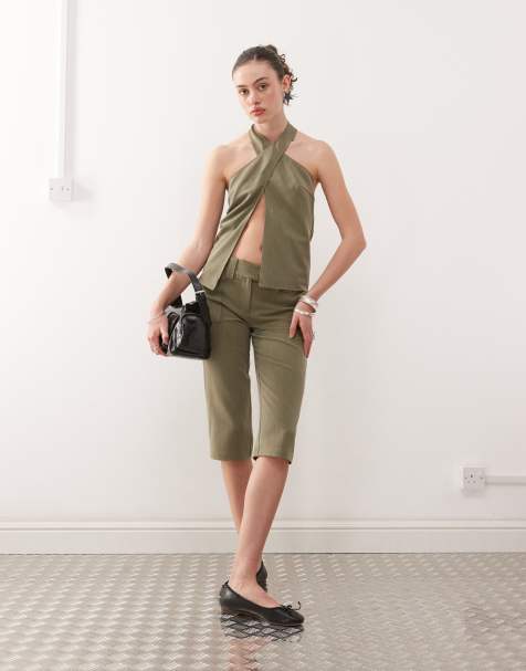COLLUSION tailored cargo capri co-ord in khaki