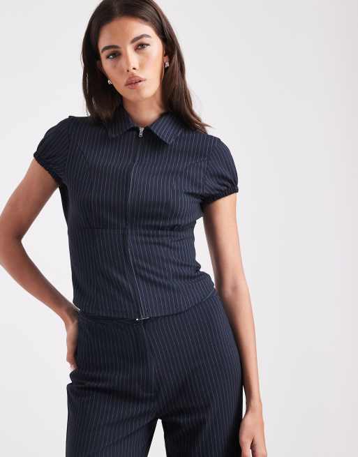 COLLUSION - Elegant overhemd met krijtstreep en rits aan de voorkant in marineblauw