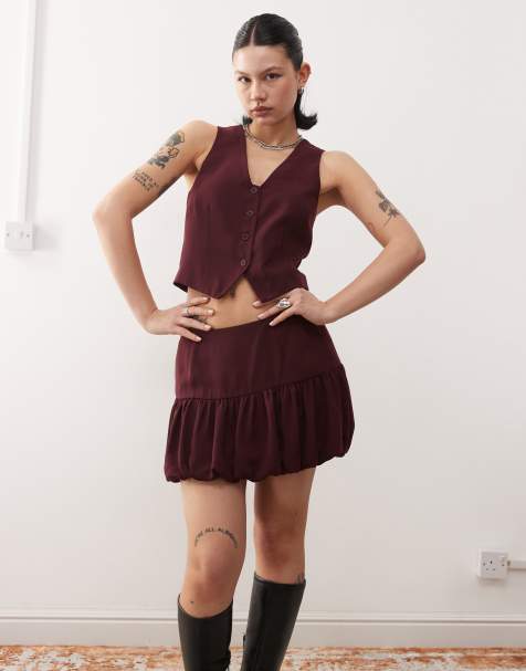 COLLUSION - Elegante minirok met pofzoom in wijnrood, deel van co-ord set - view 1