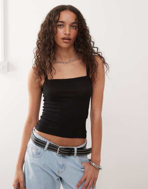 COLLUSION elevated skinny strap rib vest in black - view 1