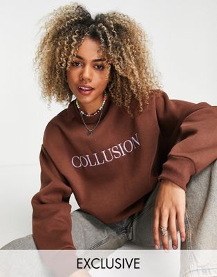 COLLUSION embroidered branded sweat in brown