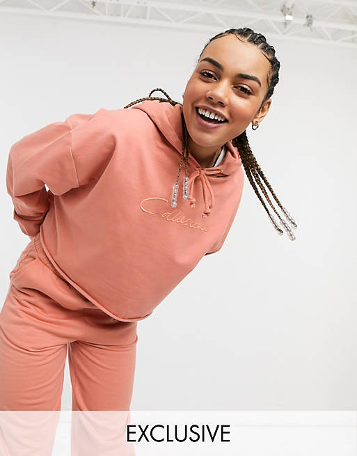 COLLUSION embroidered crop hoodie in peach co-ord