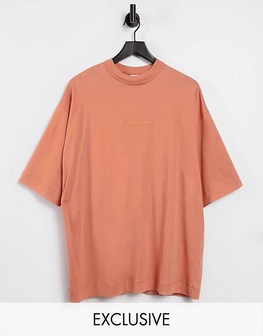COLLUSION embroidered print oversized t-shirt in peach