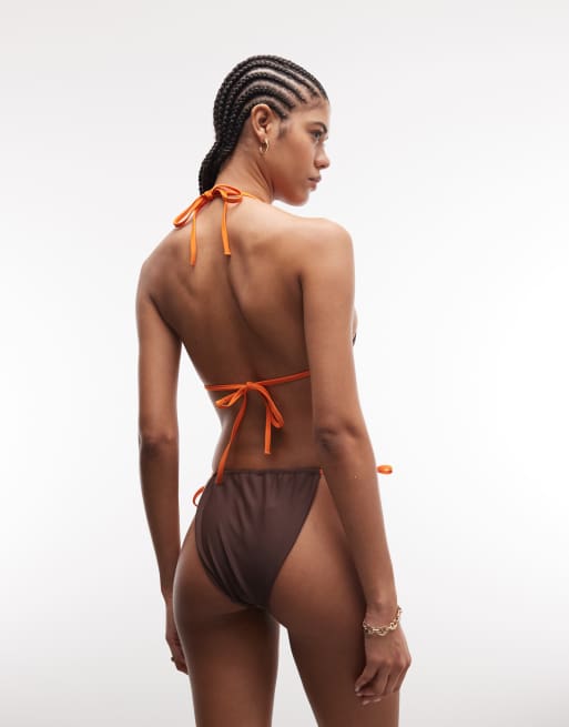 COLLUSION embroidered starfish triangle bikini top in brown, 2 of 4