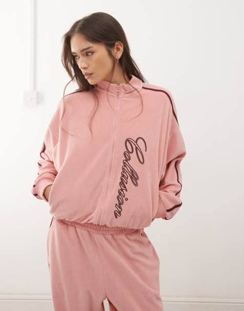 COLLUSION embroidered velour zip through co-ord in dusty pink - view 1