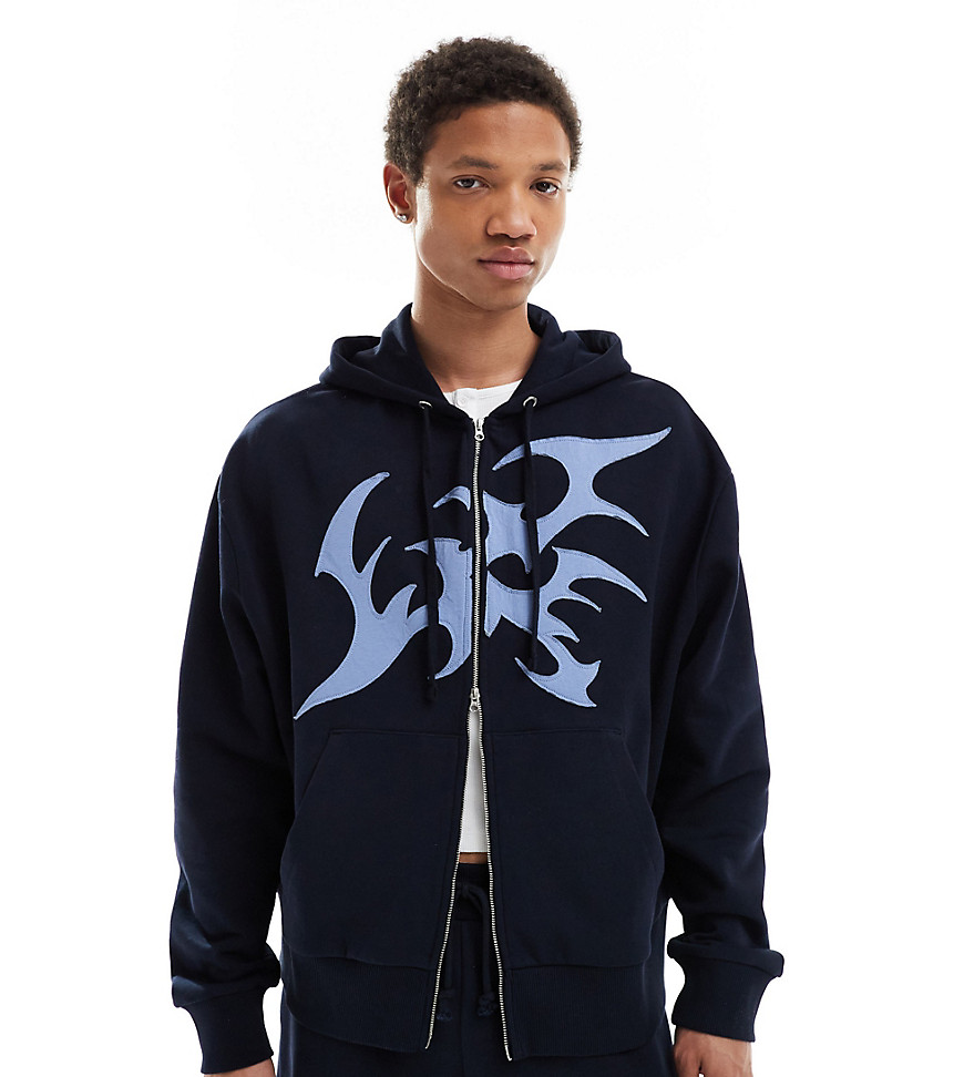 embroidered zip through hoodie in navy - part of a set-Blue