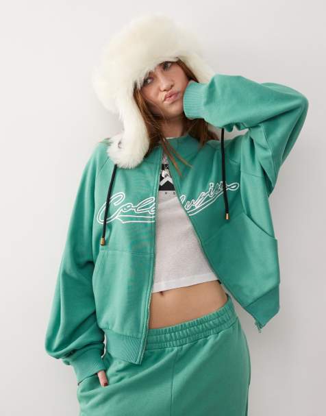 COLLUSION embroidered zip thru high neck track top co-ord in green - view 1