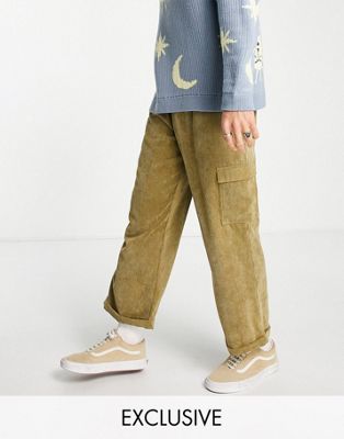 COLLUSION polyester skater fit cord cargo trousers in khaki - TAN