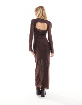 COLLUSION exposed seam layered mesh long sleeve maxi dress in brown