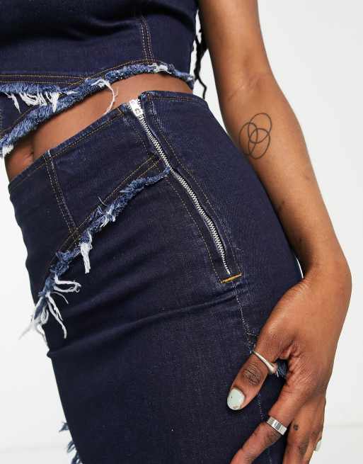 COLLUSION exposed seam maxi asymmetric denim midi skirt in blue (part of a set), 3 of 4