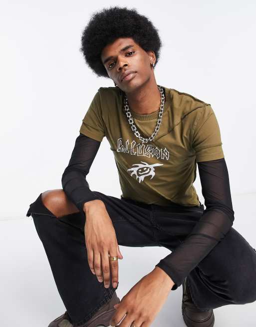 COLLUSION exposed seam patch front print T-shirt in khaki