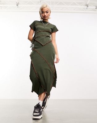 COLLUSION exposed seam wrap midi skirt in khaki - ASOS Price Checker