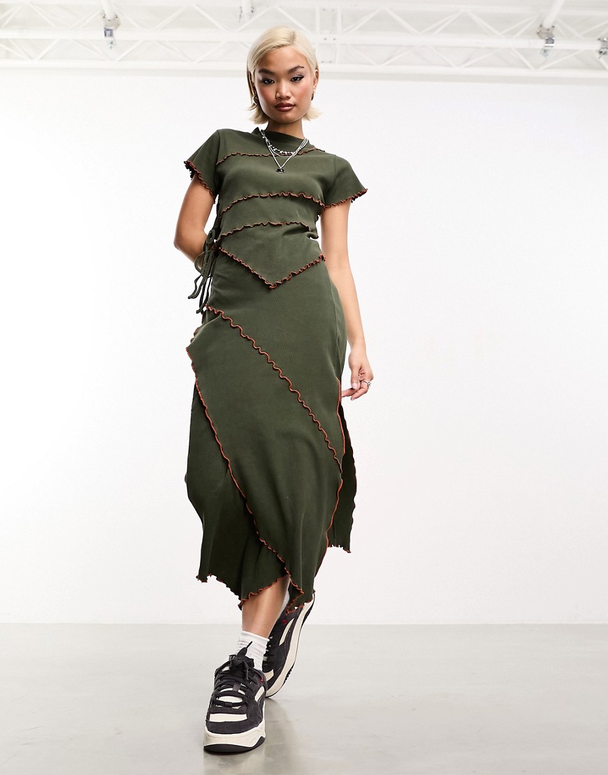 COLLUSION exposed seam wrap midi skirt in khaki-Green