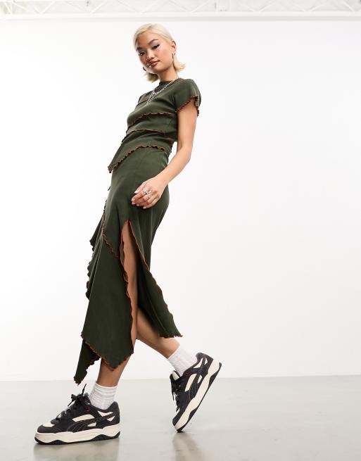 COLLUSION exposed seam wrap midi skirt in khaki