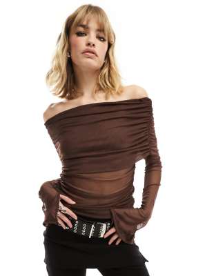 Collusion Extreme Bardot Long Sleeve Mesh Top In Brown