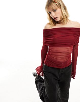 COLLUSION extreme bardot long sleeve mesh top in wine