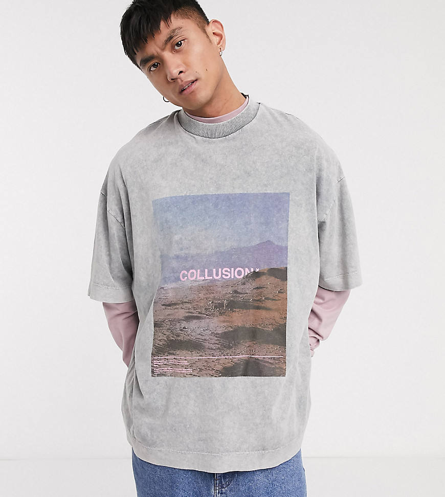 COLLUSION extreme oversized t-shirt with photographic print in acid wash grey