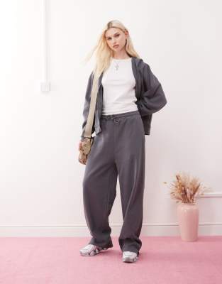 extreme oversized waffle sweatpants in charcoal - part of a set-Gray