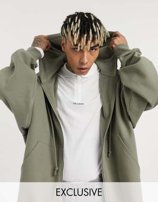 COLLUSION extreme oversized zip up heavyweight hoodie in khaki ASOS