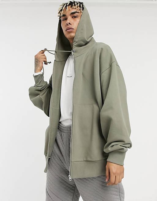 COLLUSION extreme oversized zip up heavyweight hoodie in khaki