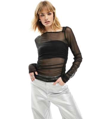 Collusion COLLUSION extreme ruched long sleeve mesh top in black