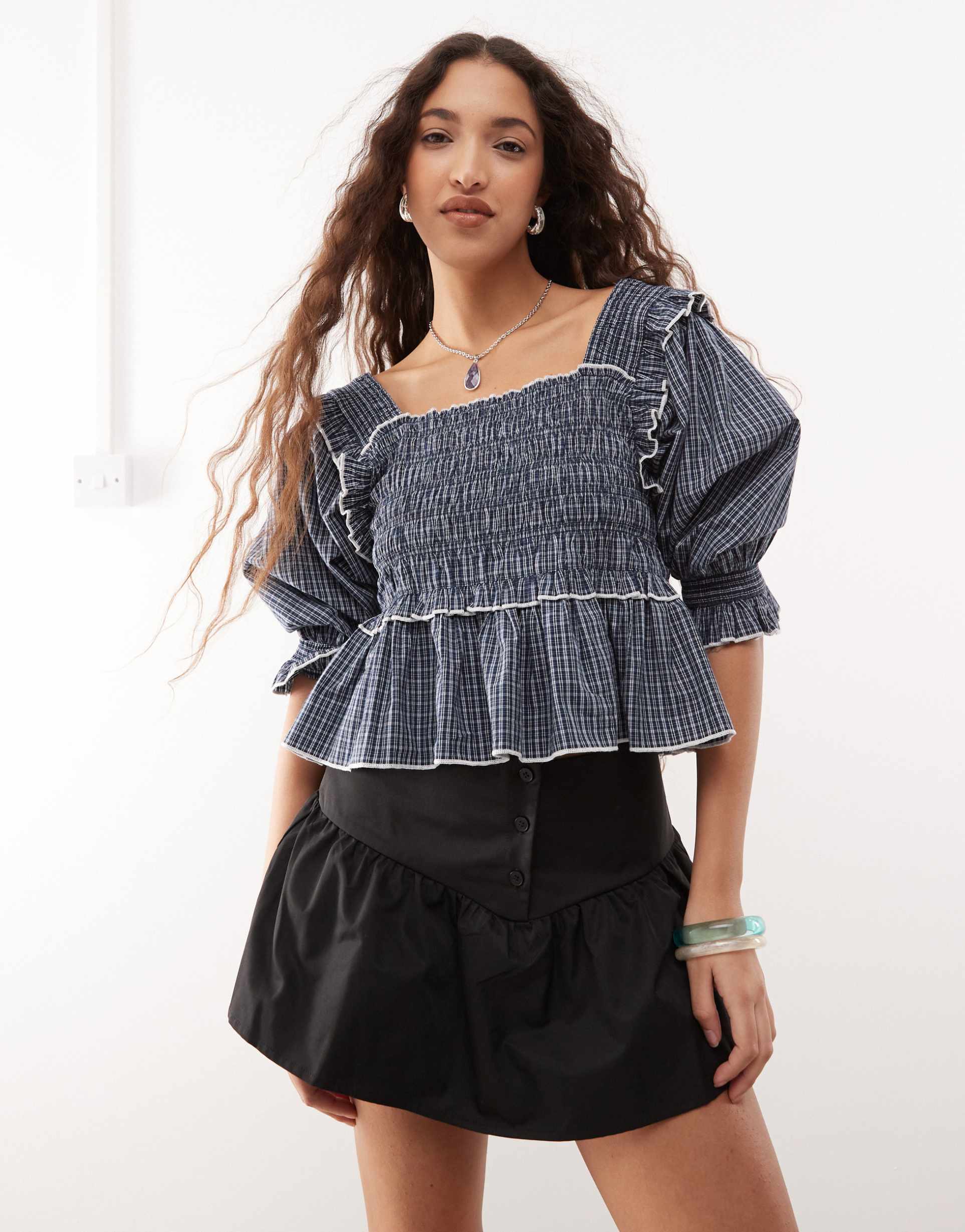 collusion extreme ruched puff sleeve blouse with contrast ties in plaid