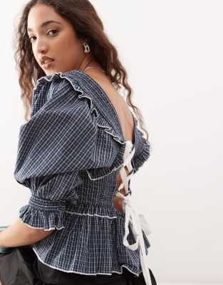 Collusion Extreme Ruched Puff Sleeve Blouse With Contrast Ties