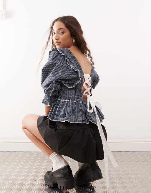 COLLUSION extreme ruched puff sleeve blouse with contrast ties in plaid