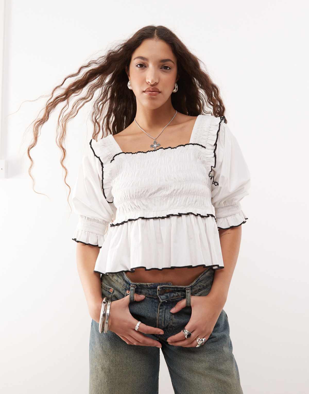 COLLUSION extreme ruched puff sleeve blouse with contrast ties in white