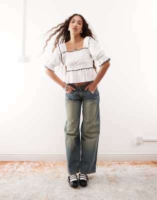 Collusion Extreme Ruched Puff Sleeve Blouse With Contrast Ties