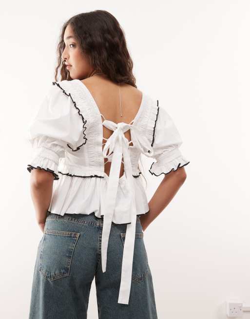 COLLUSION extreme ruched puff sleeve blouse with contrast ties in white, 3 of 4