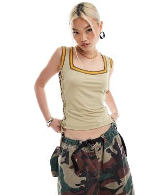 Collusion COLLUSION eyelet corset top with binding in khaki-Green